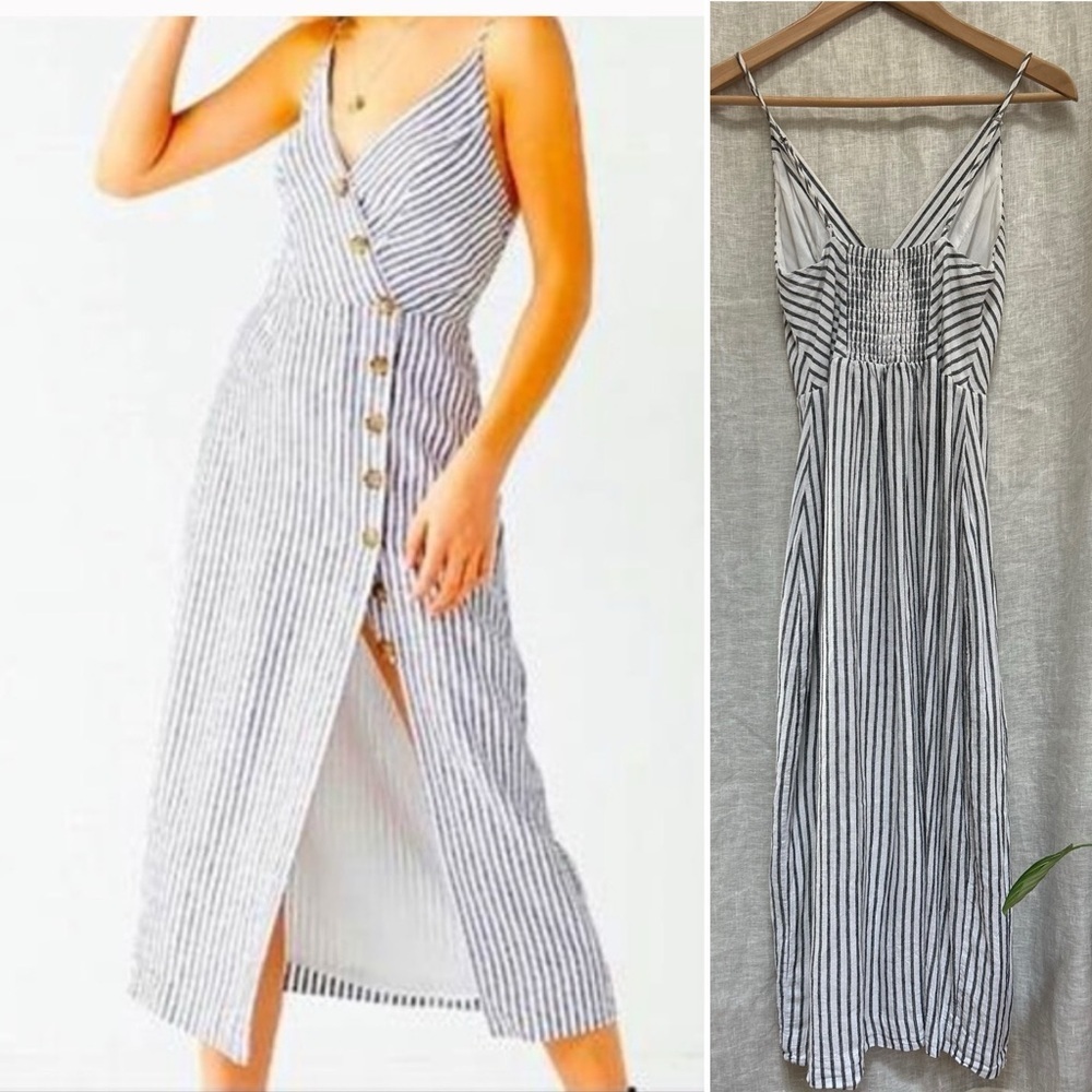 UO Amber button down midi dress linen grey stripe button up size xs